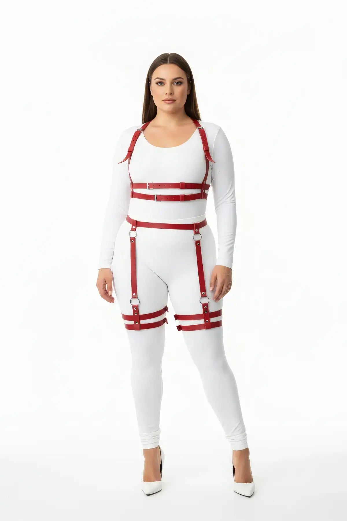 Plus-size red dual-band bralette and garter thigh harness set by HarnessClub in vegan leather.