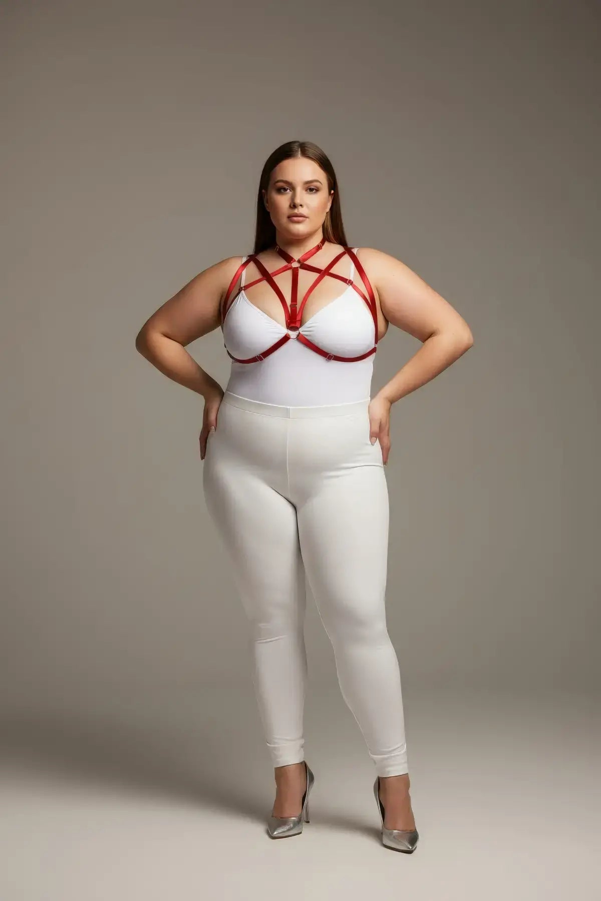 Plus-Size red elastic O-ring fantasy harness set by HarnessClub worn on torso