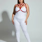 Plus-size red elastic O-ring harness set by HarnessClub worn over a white bodysuit