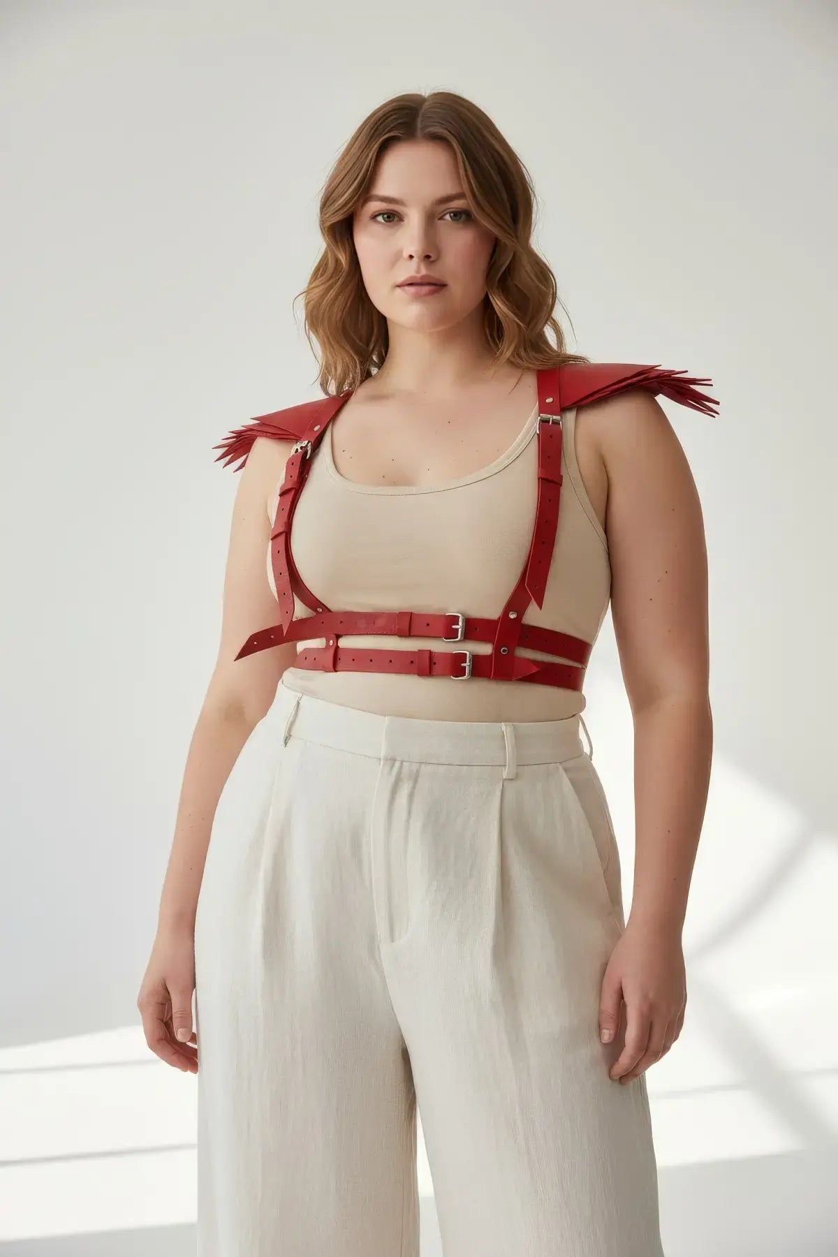 Plus-Size Red Epaulette Fringe Shoulder Harness by HarnessClub, vegan leather body accessory.