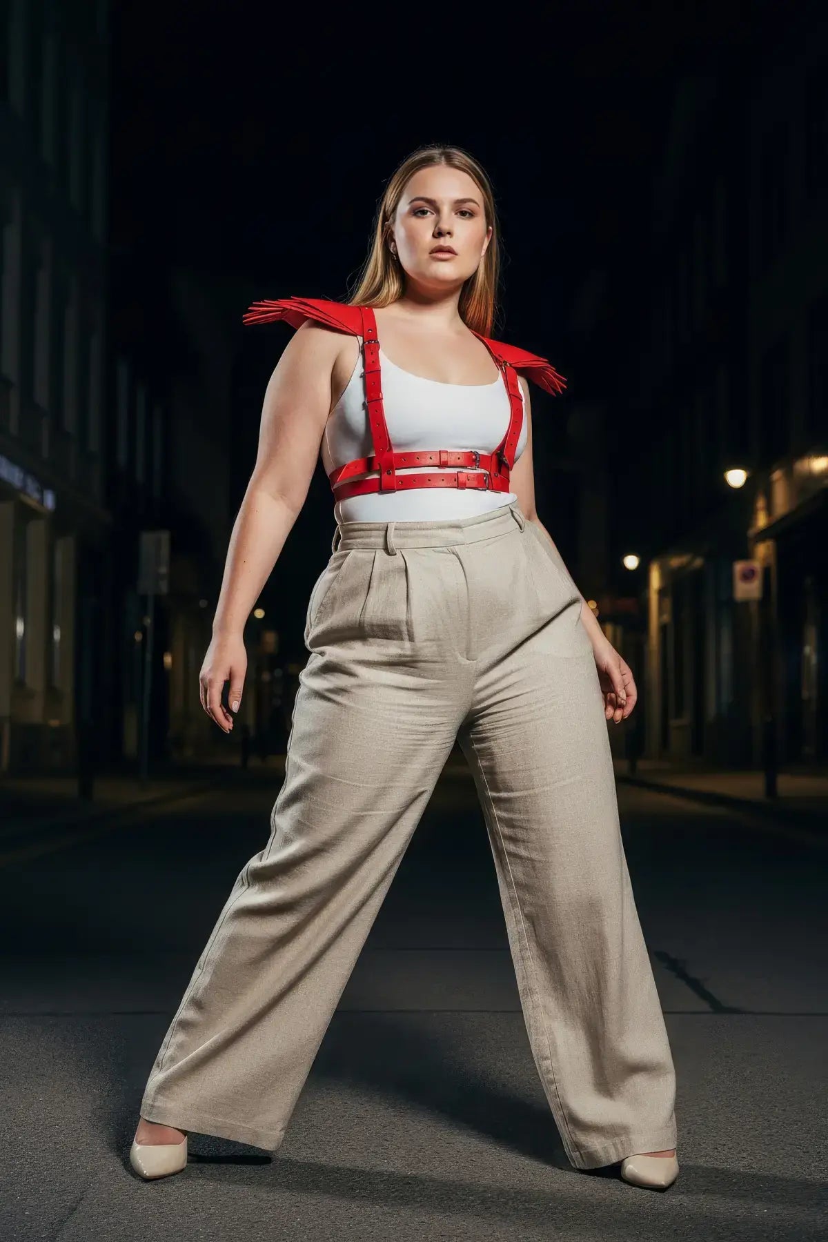 Plus-size red epaulette fringe shoulder harness by HarnessClub in vegan leather, worn over a white top.