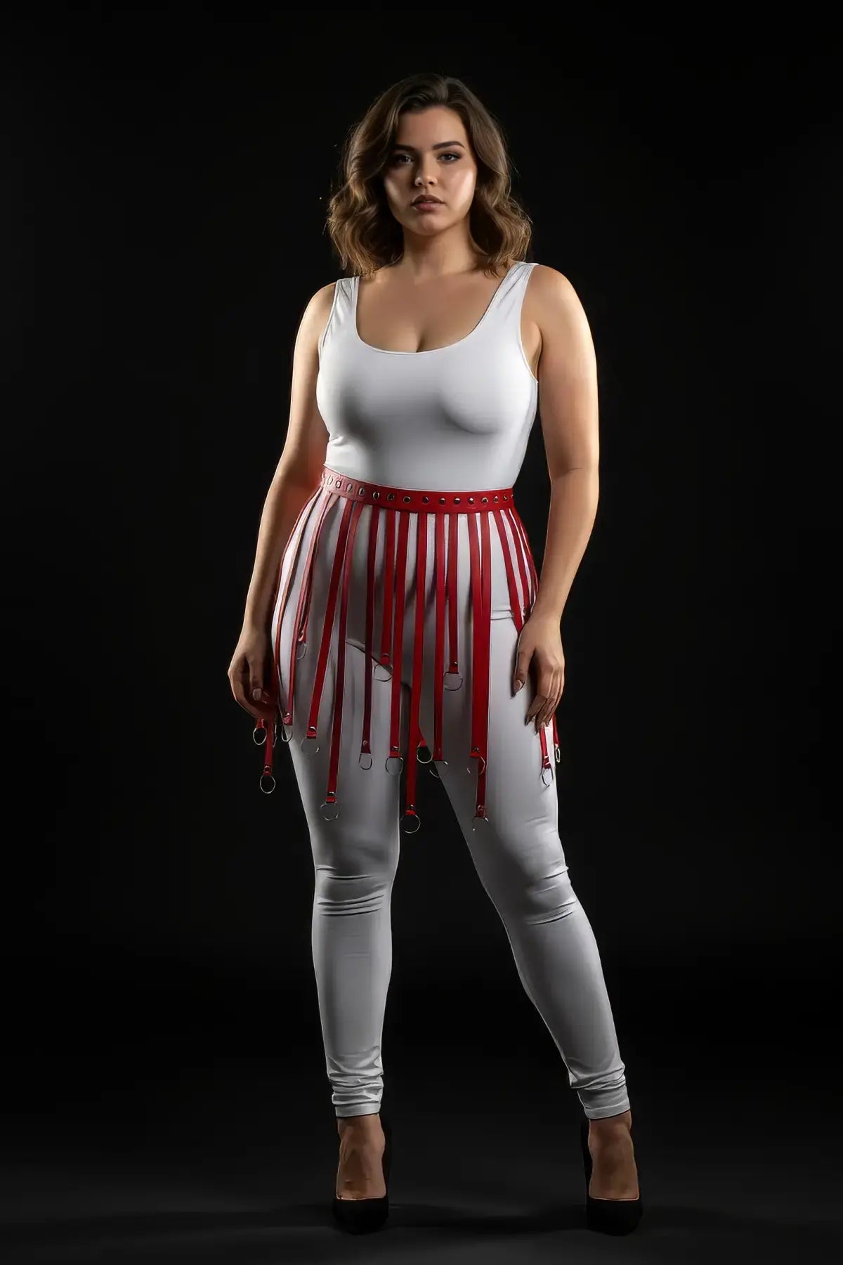 Plus-size red eyelet belt strap-fringe harness skirt by HarnessClub in vegan leather