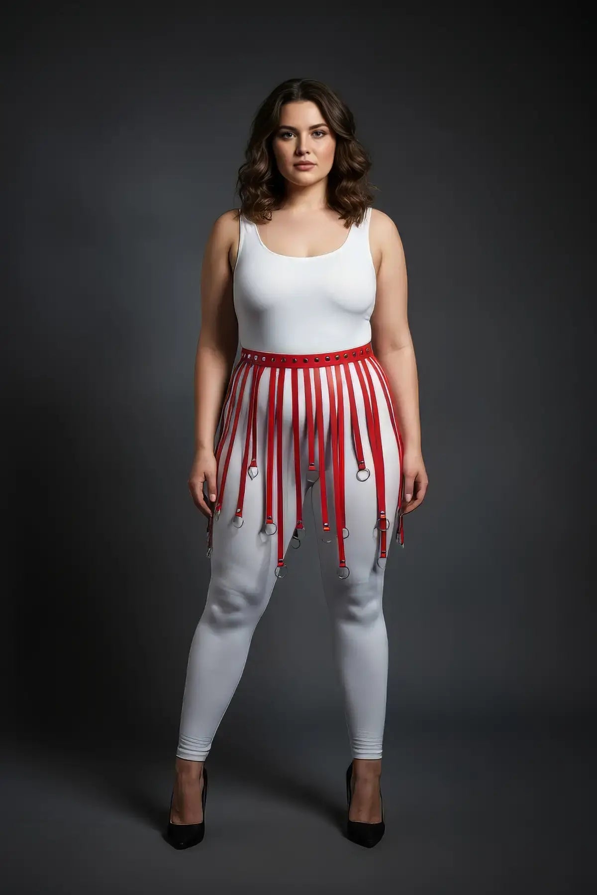 Plus-size red eyelet belt strap-fringe harness skirt, HarnessClub vegan leather body accessory