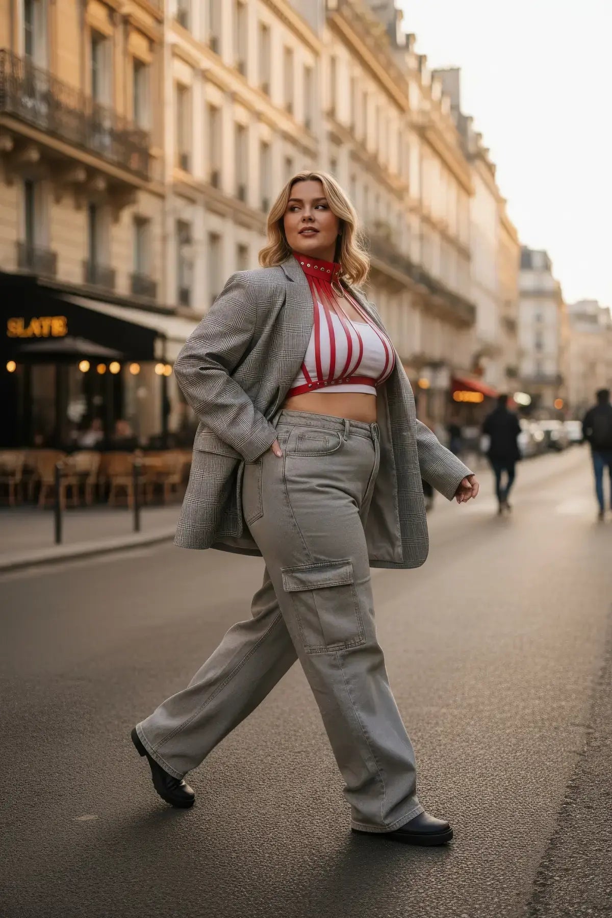 Plus-size red fan-strap collar harness by HarnessClub; vegan leather body accessory worn over a gray blazer on a city street