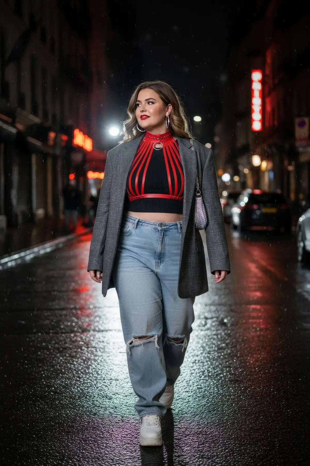 Plus-size red vegan-leather fan-strap collar harness worn by a model on a city street