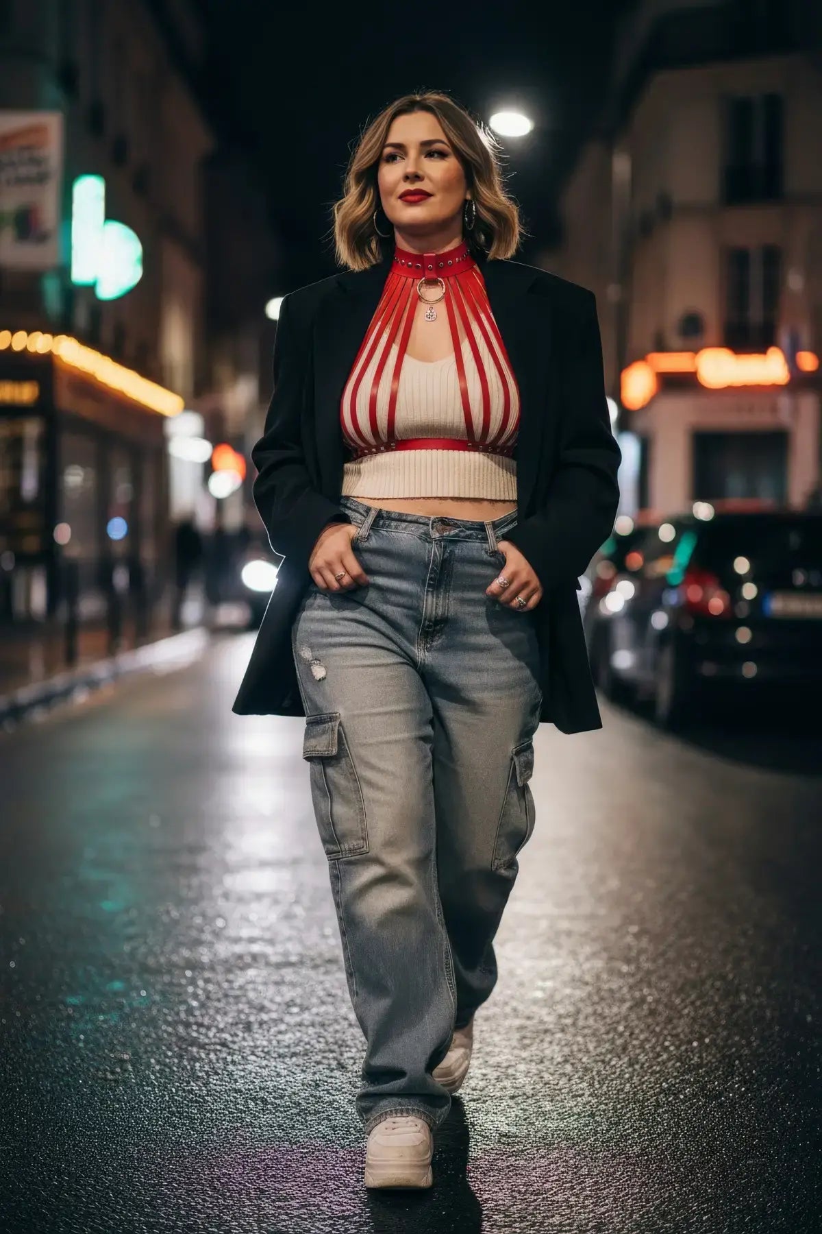 Plus-size red vegan-leather fan-strap collar harness worn by a model on a city street by HarnessClub.