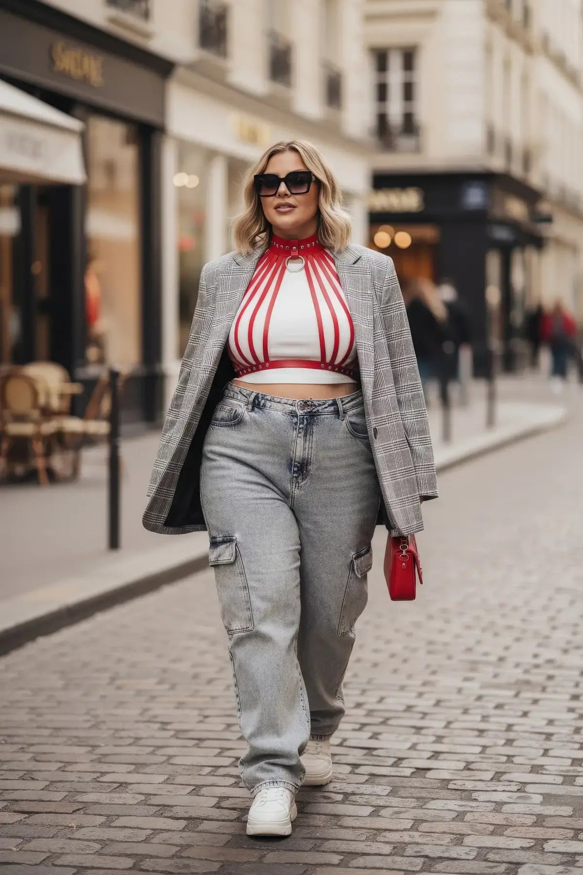 Plus-size red vegan-leather fan-strap collar harness, worn over a white-and-red striped top.