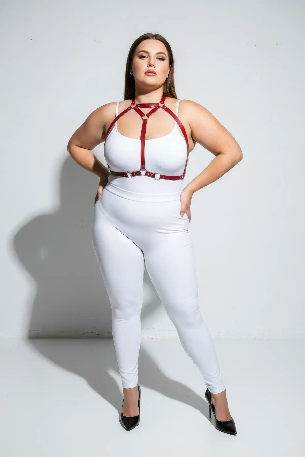 Plus Size Red Faux Leather Body Harness by HarnessClub, with silver hardware