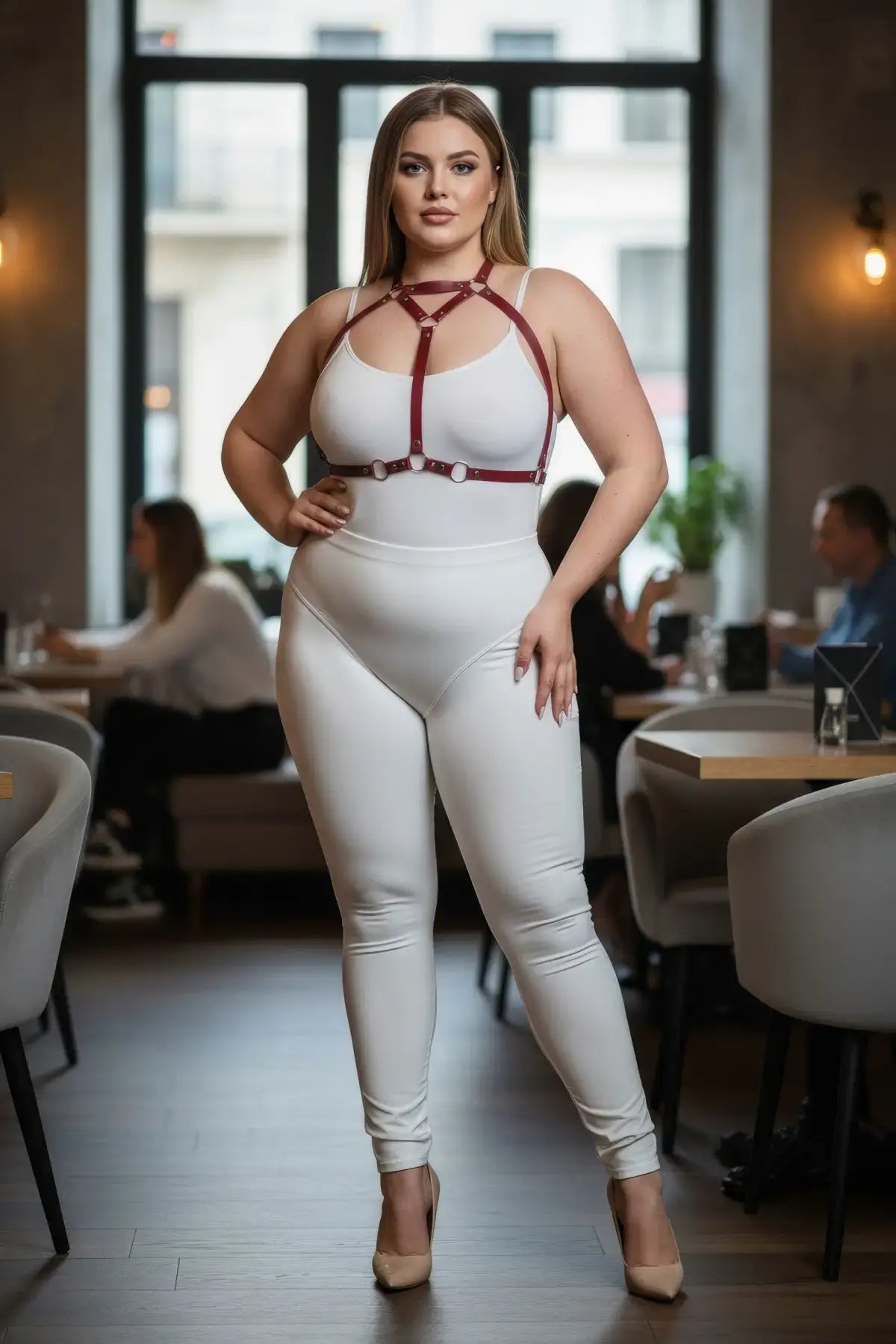 Plus size red faux leather body harness by HarnessClub