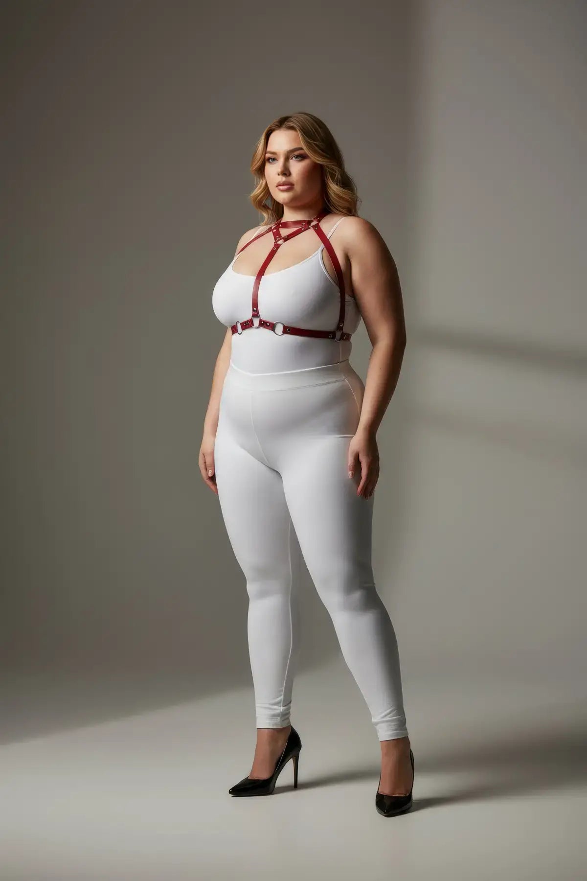 Plus size red faux leather elegant fantasy body harness with five straps and metal rings, worn by model.