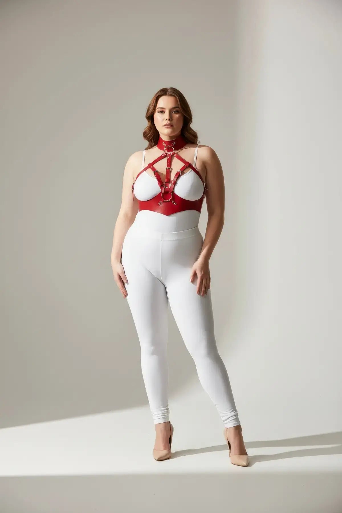 Plus size red faux leather fantasy harness set with leash by HarnessClub