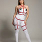 Plus size red vegan leather garter harness body set by HarnessClub on a white bodysuit with adjustable red straps
