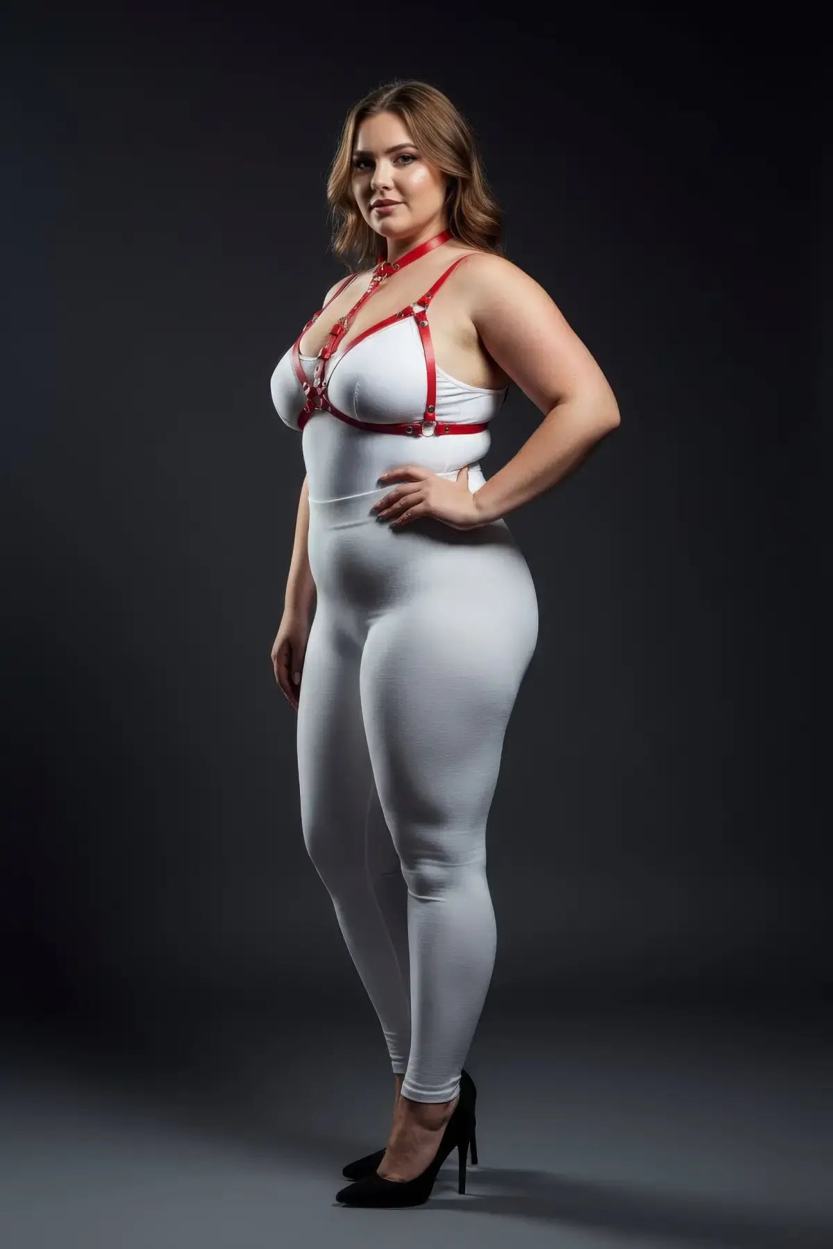 Plus-size red faux-leather body harness worn by a model over a white bodysuit.