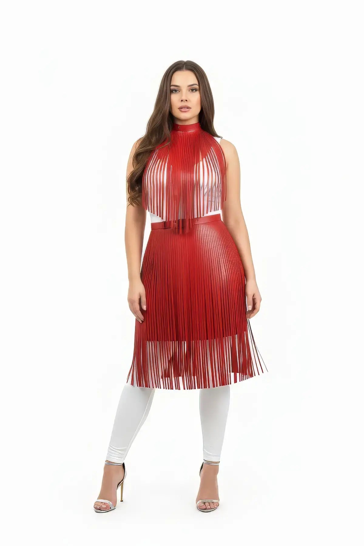 HarnessClub plus-size red fringe capelet and belted long vegan leather skirt, 2-piece set