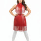 Plus-size red fringe capelet and belted long skirt set in vegan leather
