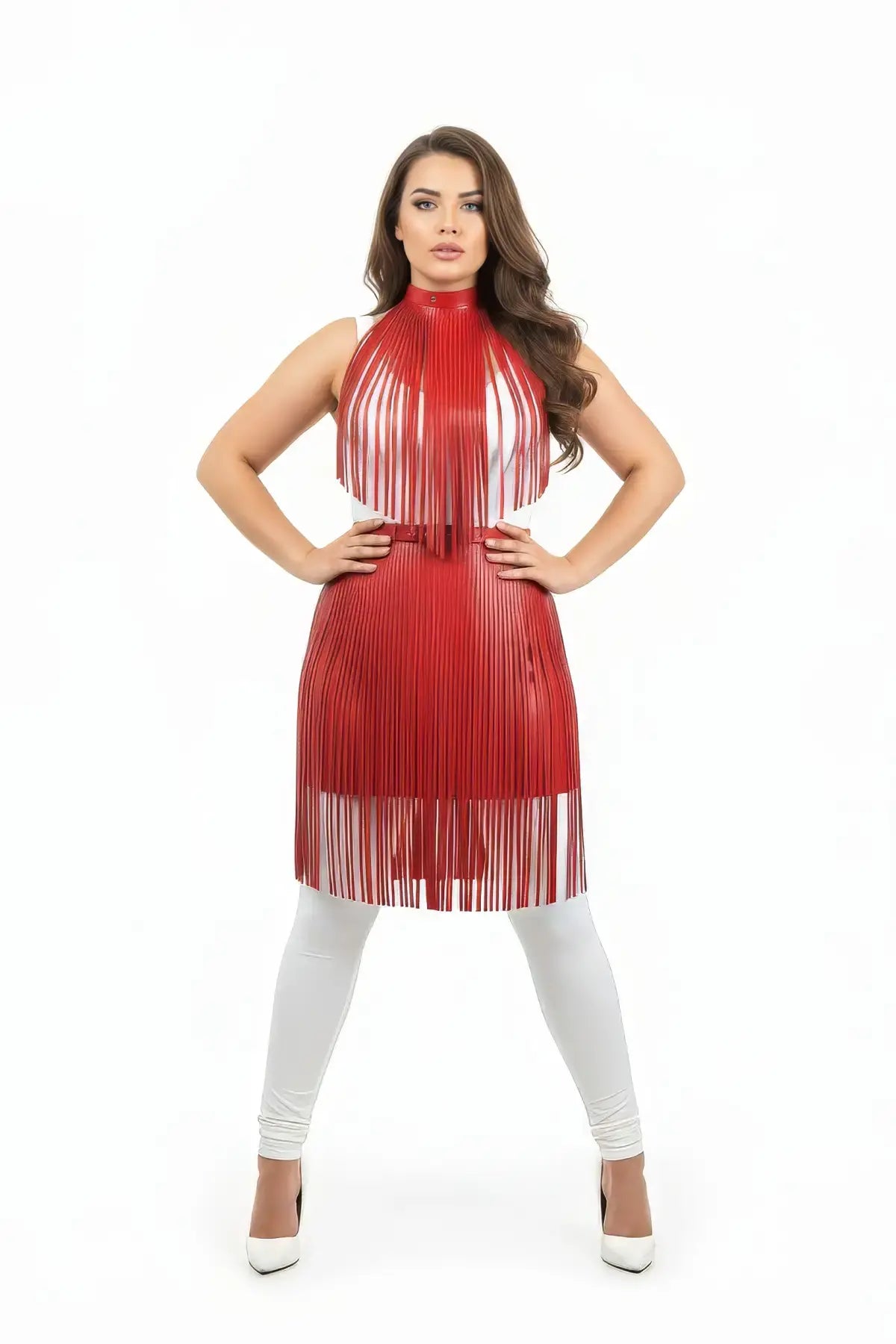 Plus-size red fringe capelet and belted long skirt set in vegan leather