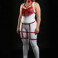 Plus-size red fringe tassel harness and garter set in vegan leather, worn over a white bodysuit.