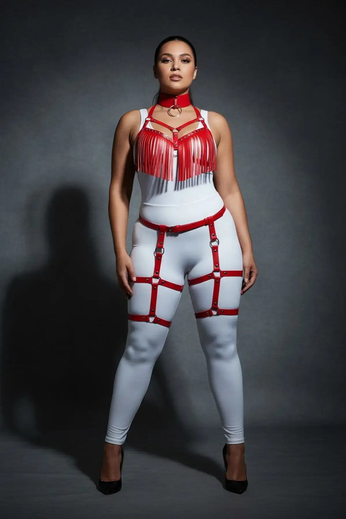 Plus-size red fringe tassel harness and garter set in vegan leather by HarnessClub