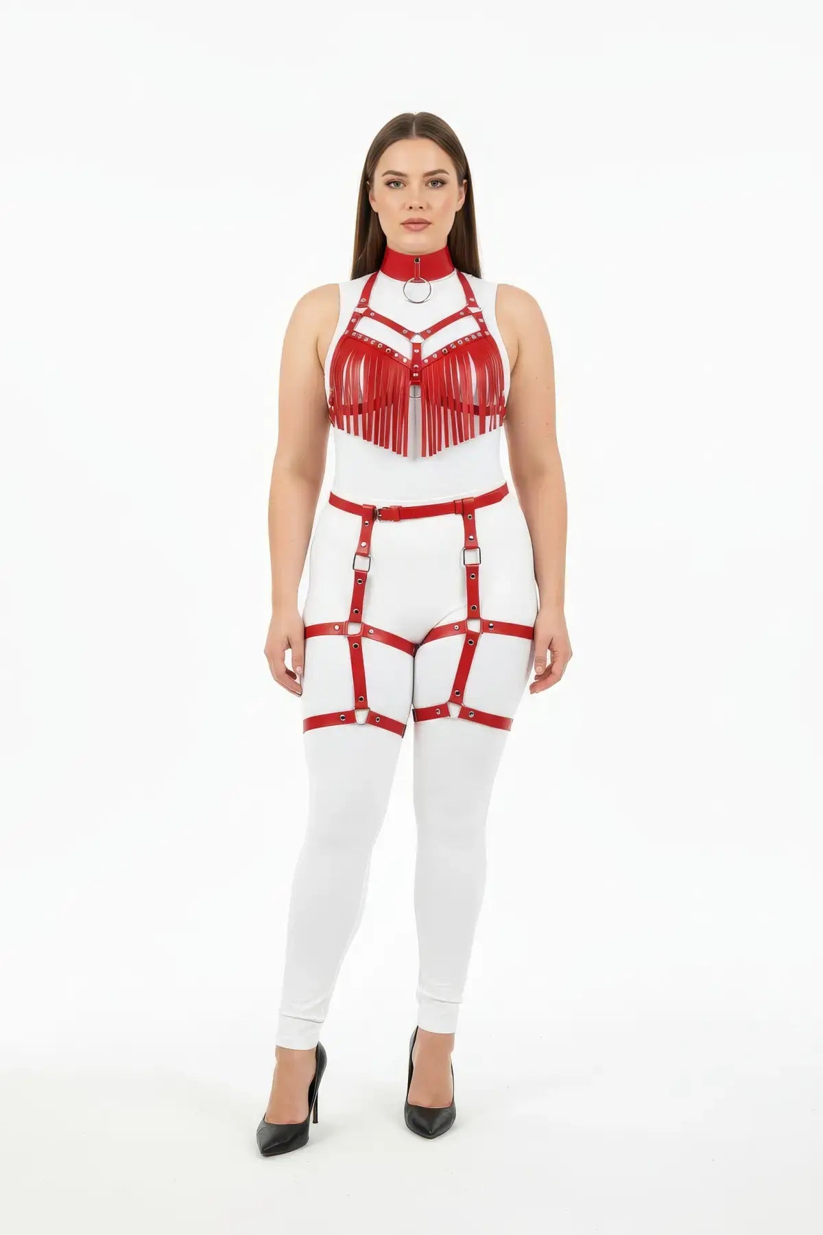 Plus size red fringe tassel harness and garter set by HarnessClub, vegan leather body accessory