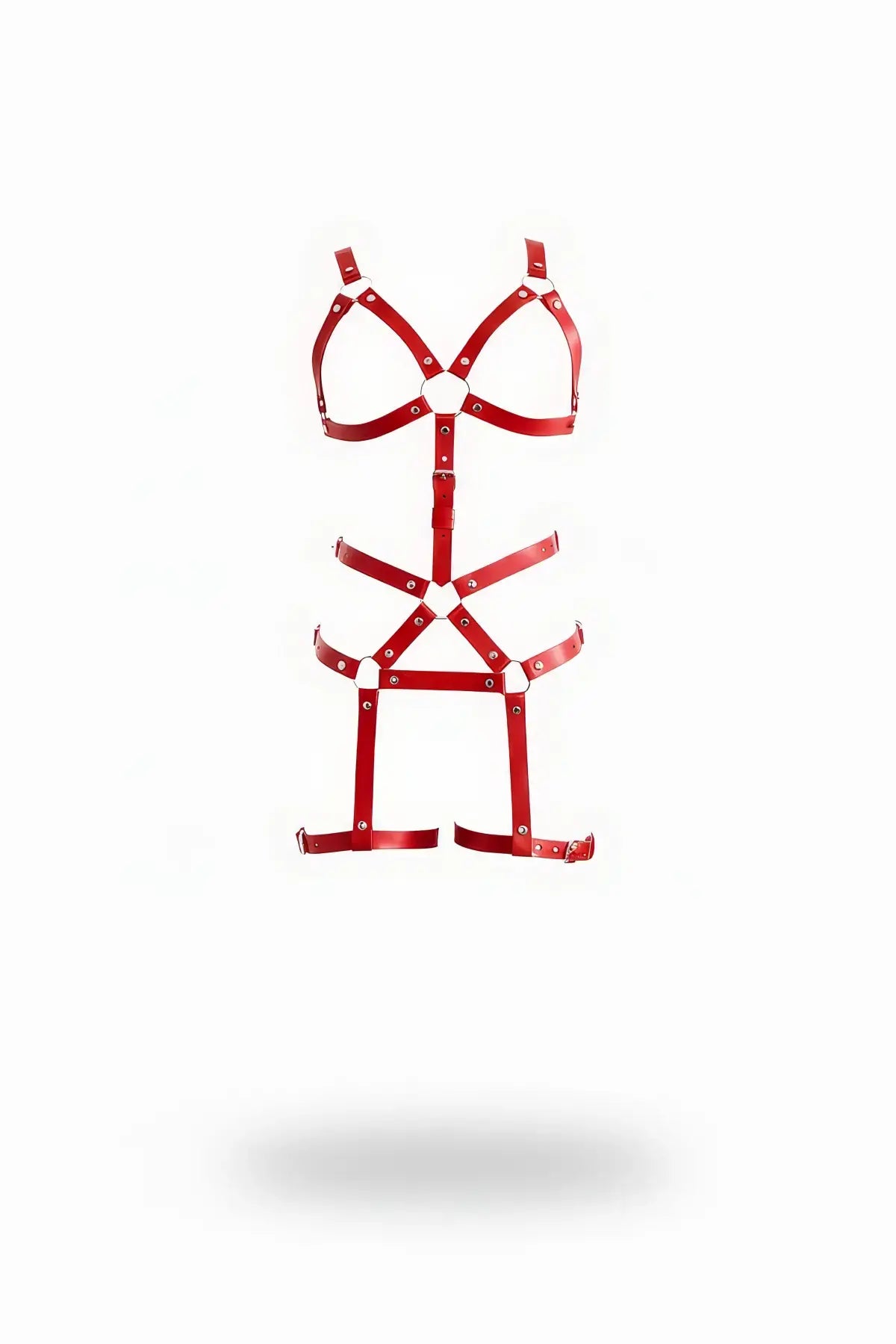 Plus-size red vegan leather full-body bralette and thigh garter harness by HarnessClub