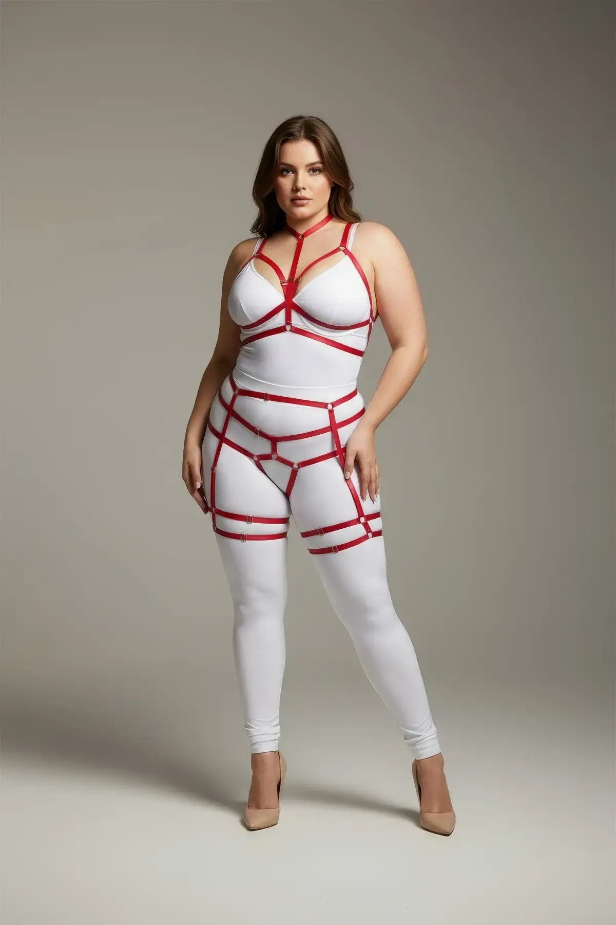 Plus Size Red Full-Body Cage Garter Harness by HarnessClub with vegan leather red straps on white bodysuit