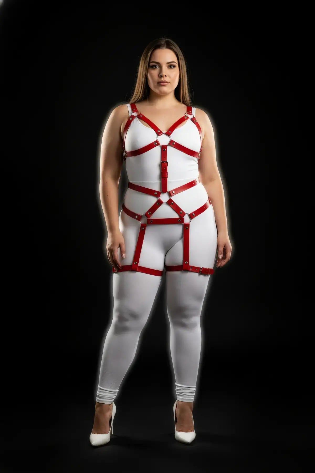 Plus-size red vegan leather full-body garter harness worn over white bodysuit by HarnessClub