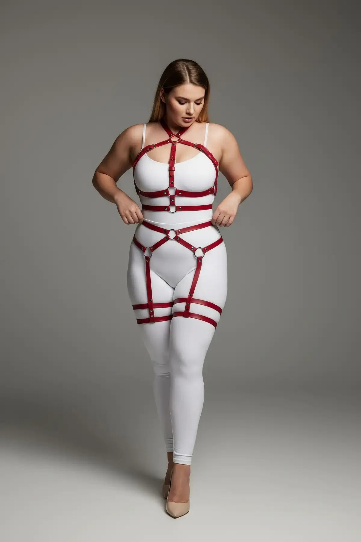 Plus Size Red Full-Body Garter Harness by HarnessClub in vegan leather