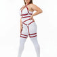 Plus Size Red Vegan Leather Full-Body Garter Harness by HarnessClub, worn over white bodysuit