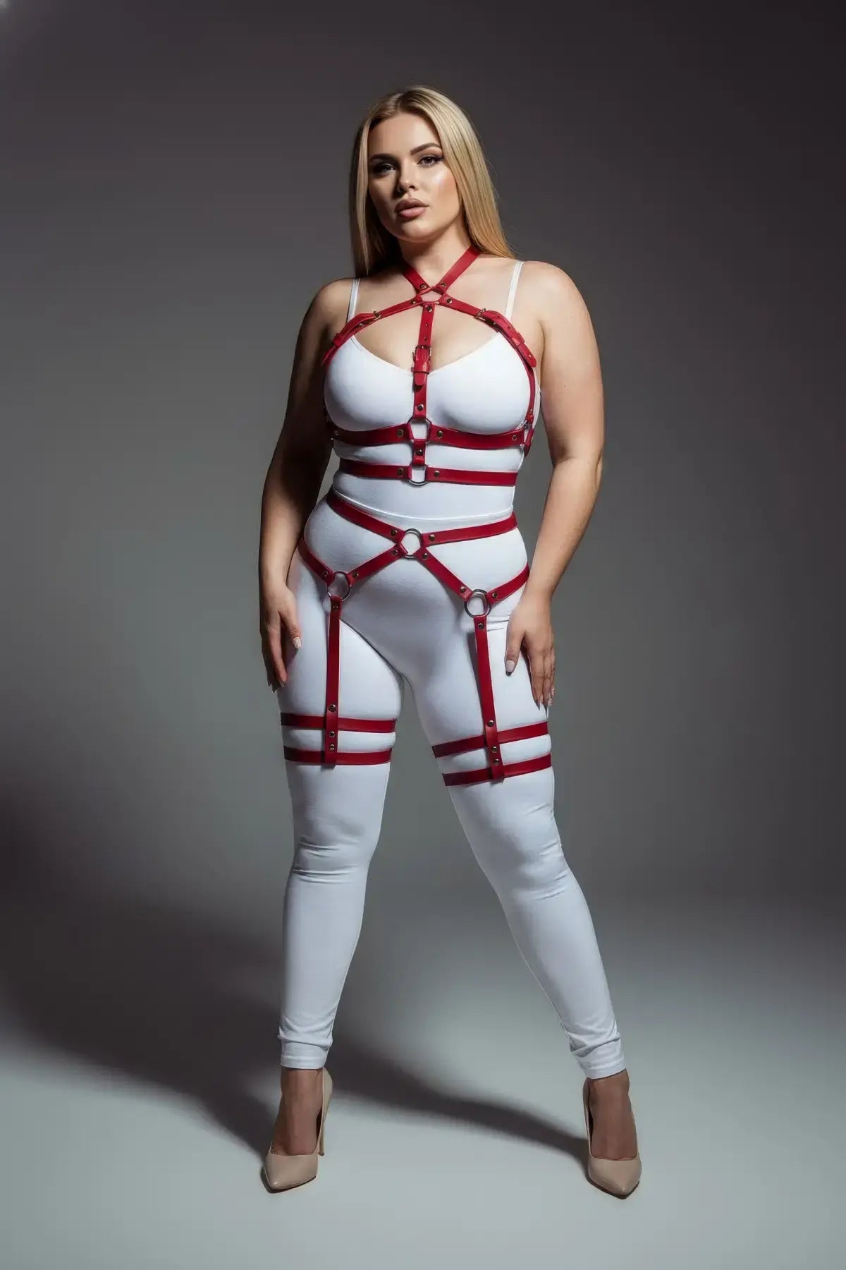 Plus Size Red Full-Body Garter Harness by HarnessClub, vegan leather multi-zone body accessory.