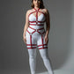 Plus-Size Red Vegan Leather Full-Body Garter Harness by HarnessClub worn by model in white bodysuit