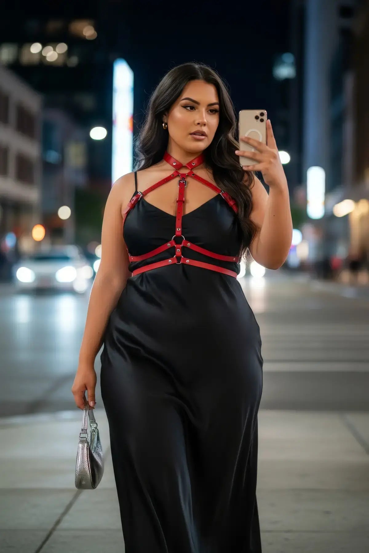 Plus Size Red Full-Torso Collar Harness in vegan leather worn over a black dress; HarnessClub