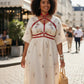 Plus Size Red Full-Torso Collar Harness worn over a white floral dress; vegan leather strappy body accessory.