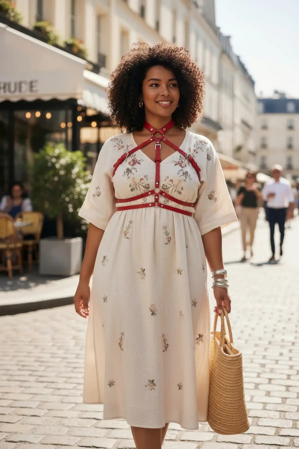 Plus Size Red Full-Torso Collar Harness worn over a white floral dress; vegan leather strappy body accessory.