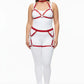 Plus size red garter-frame full-body harness set by HarnessClub, vegan leather straps.