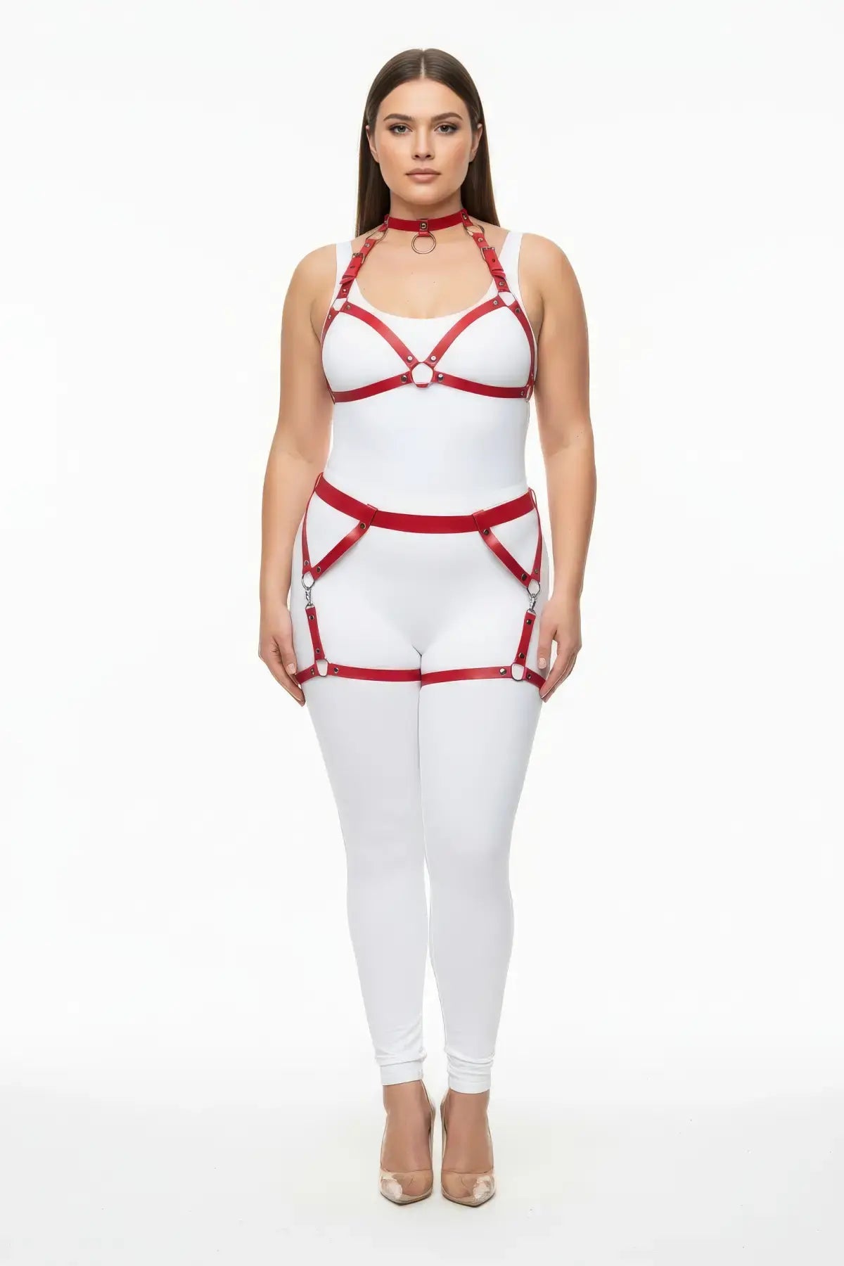Plus size red garter-frame full-body harness set by HarnessClub, vegan leather straps.