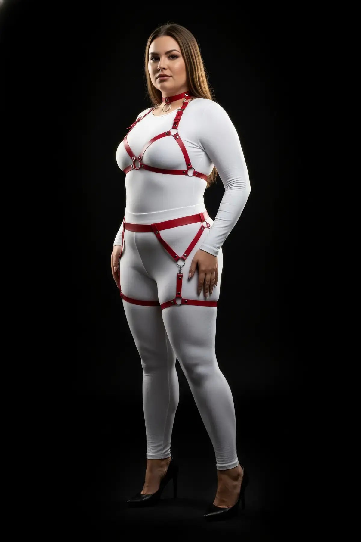 Plus-size red garter-frame full-body harness set in vegan leather by HarnessClub