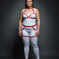 Plus-size red garter-frame full-body harness set by HarnessClub, vegan leather straps over a white bodysuit.