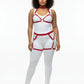 Plus-size red vegan-leather garter-frame full-body harness set by HarnessClub on a white bodysuit.