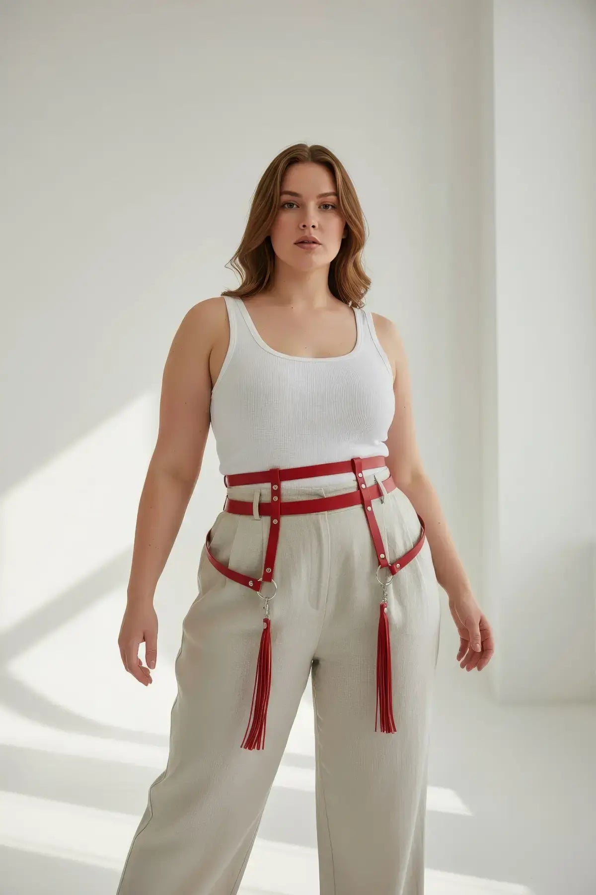 Plus-size red vegan leather garter hip belt with leg straps and tassels