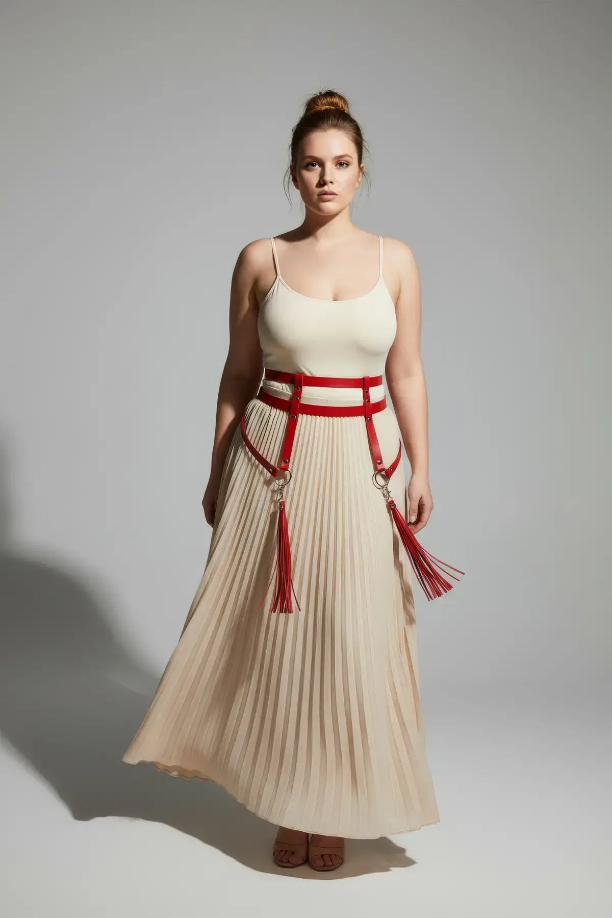 Plus-size red vegan leather garter hip belt with leg-strap tassels