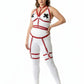 Plus size red garter strap full body harness set in vegan leather over white bodysuit