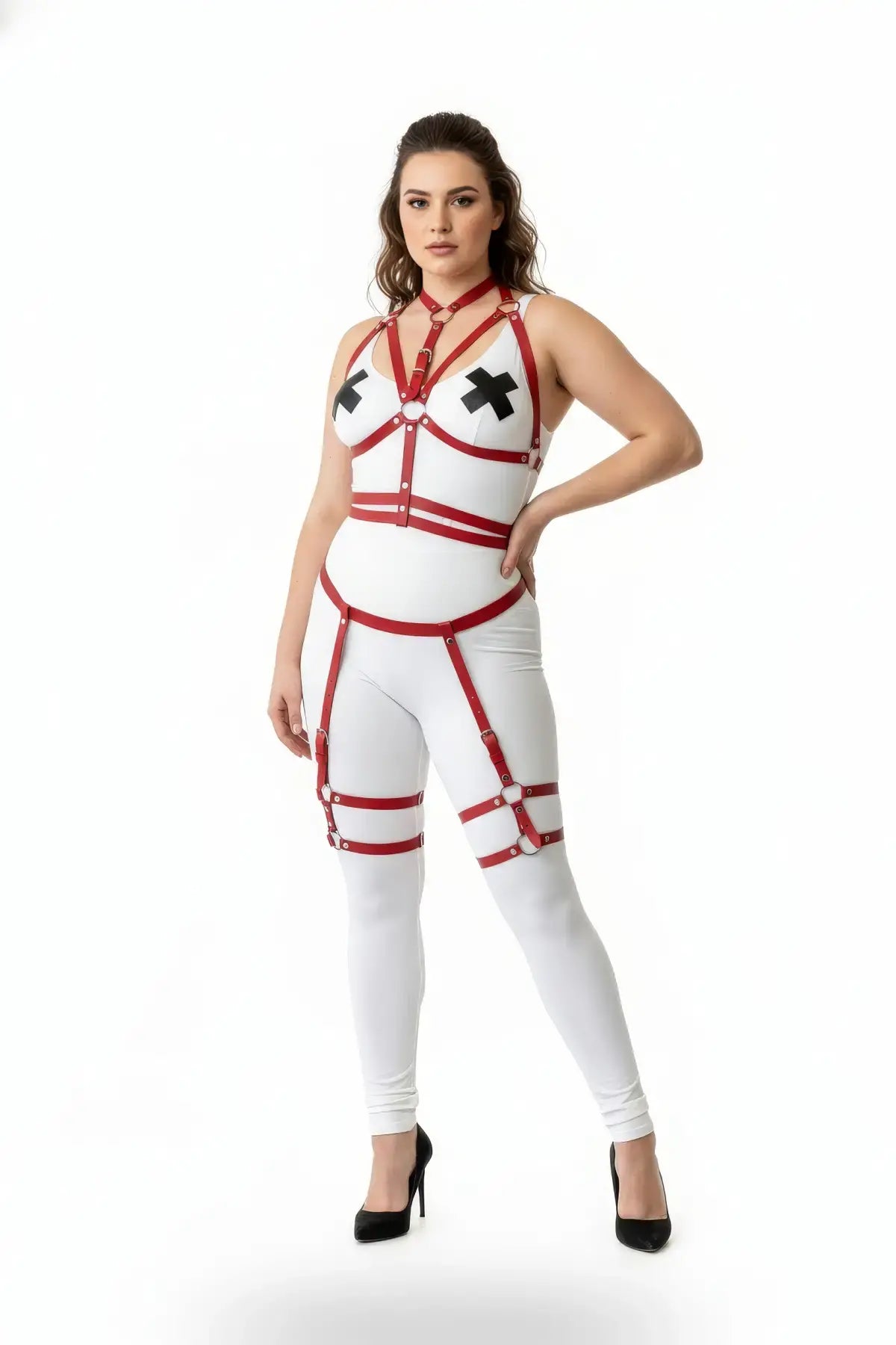 Plus size red garter strap full body harness set in vegan leather over white bodysuit