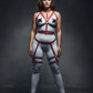 Plus-size red vegan-leather garter strap full-body harness worn by model over a white bodysuit with leg garters