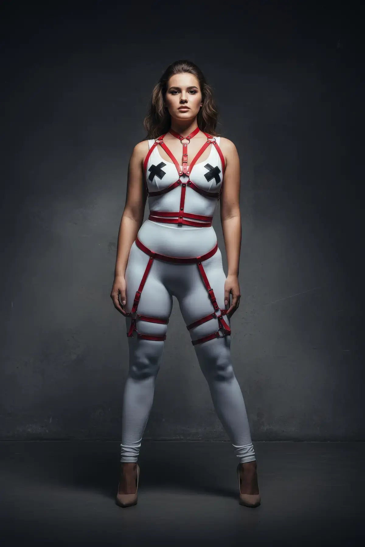 Plus-size red vegan-leather garter strap full-body harness worn by model over a white bodysuit with leg garters