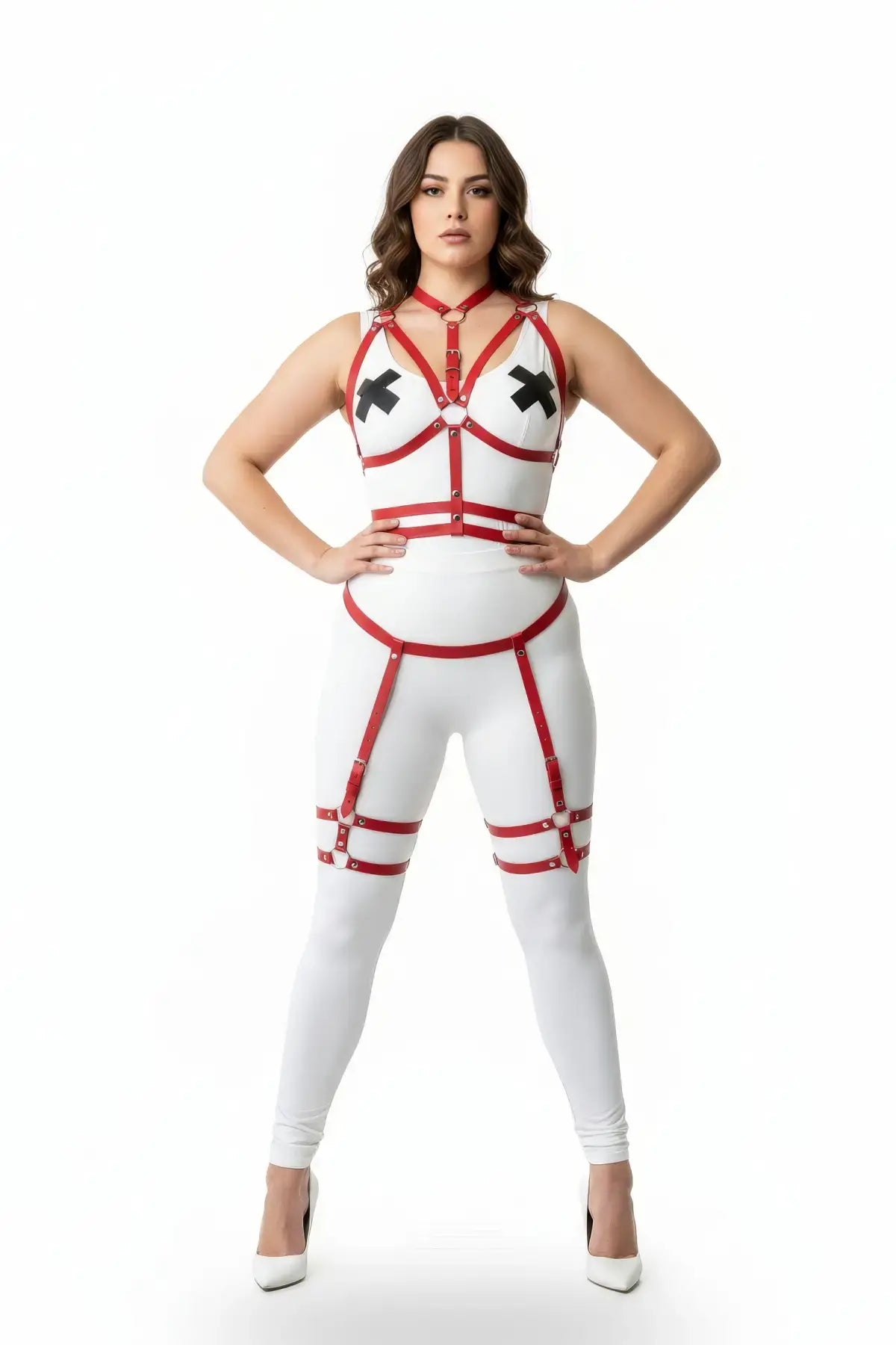 Plus Size Red Garter Strap Full Body Harness Set in vegan leather by HarnessClub