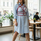Plus Size Red Geometric Star Cage Harness over light blue shirt dress; vegan leather straps.