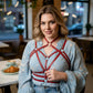 Plus Size Red Geometric Star Cage Harness by HarnessClub, vegan leather worn over blue floral top
