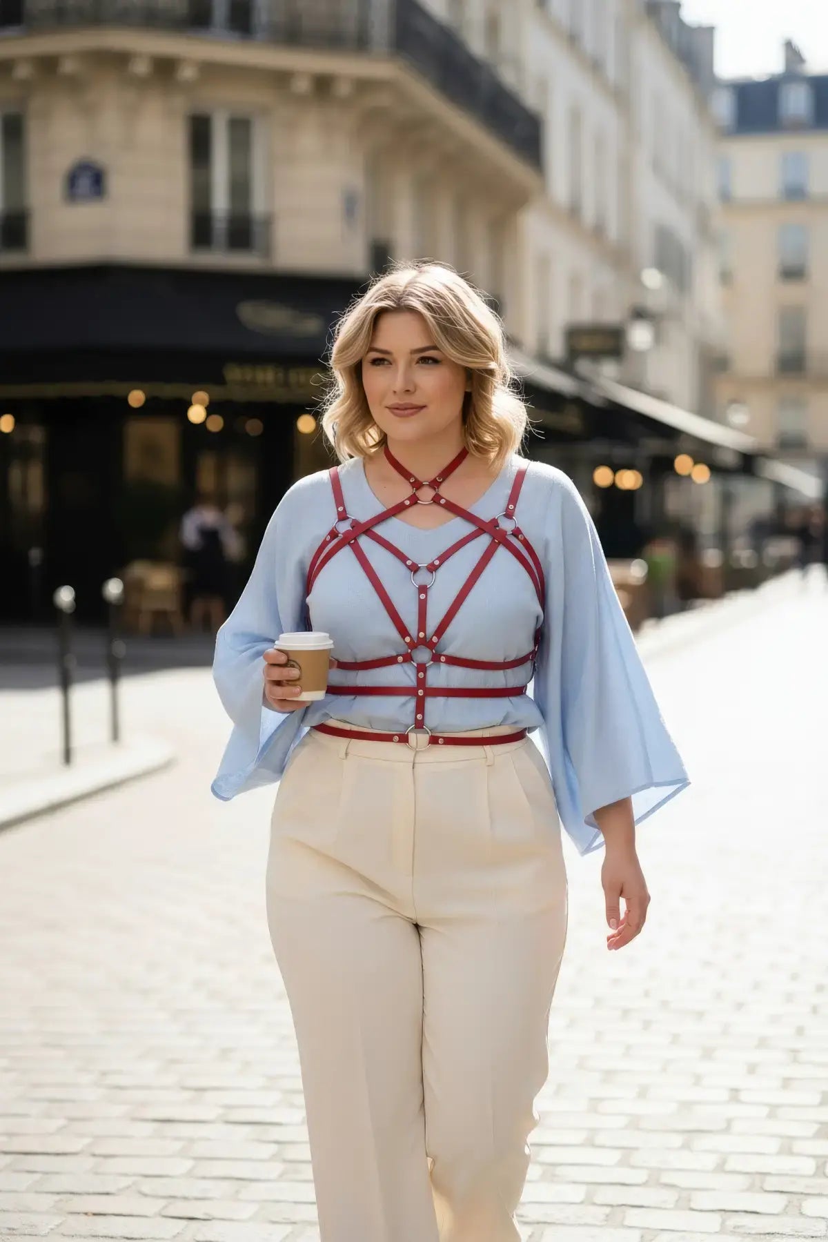Plus-size red vegan leather geometric star cage harness worn over a light blue blouse in an urban street scene