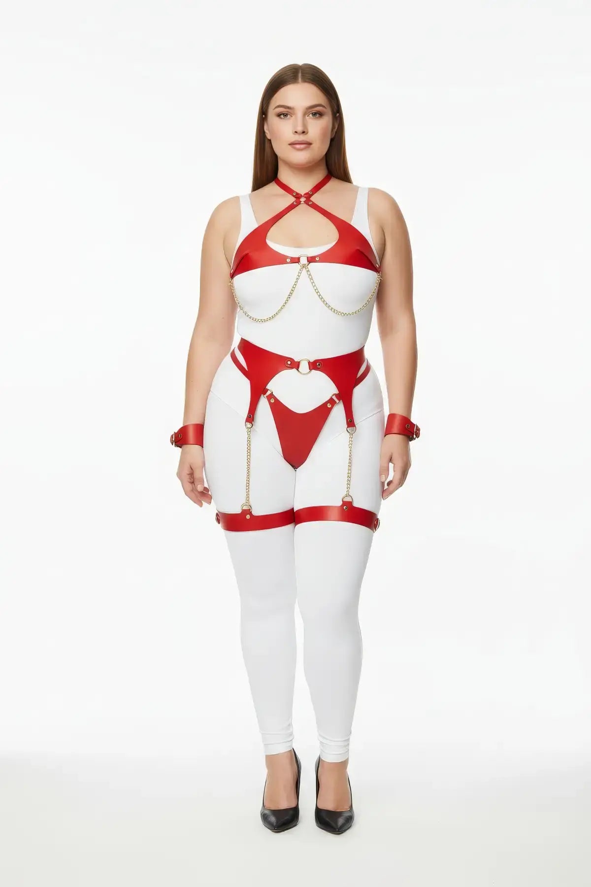 Plus-size red gold-chain harness set with garter belt and wrist cuffs, four-piece vegan leather by HarnessClub