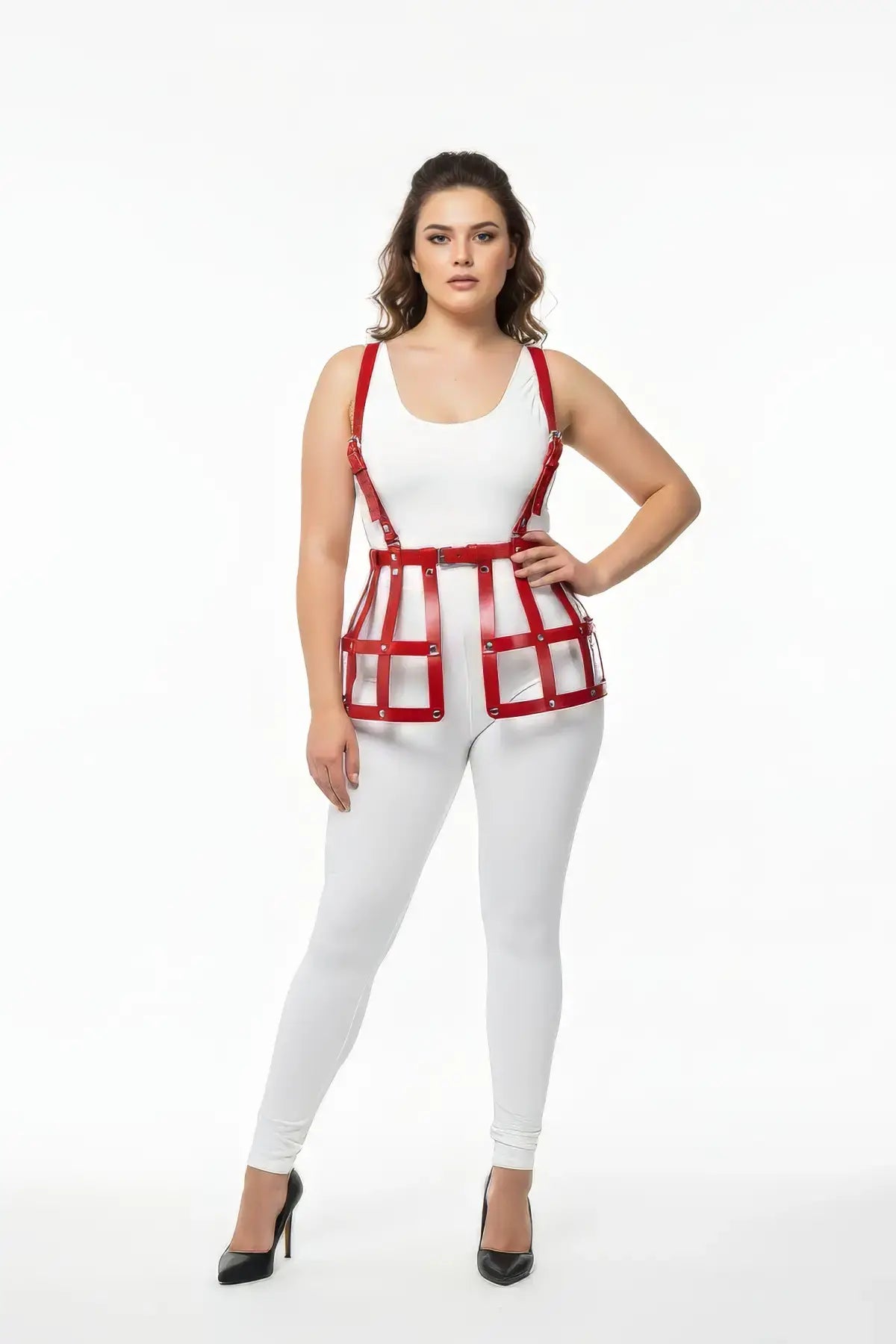 Plus Size red grid cage waist cincher by HarnessClub, vegan leather body harness